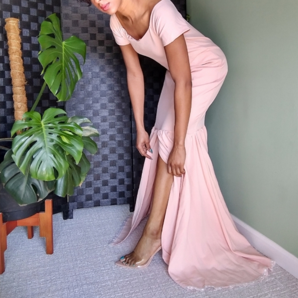 Women's long flowy fishtail blush pink dress